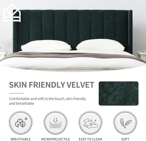 YUHUASHI Queen Bed Frame，Platform Bed with Upholstered Headboard，Ink Green