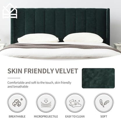 YUHUASHI Queen Bed Frame，Platform Bed with Upholstered Headboard，Ink Green