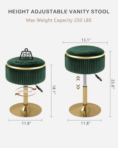 LITZFUR Adjustable Vanity Stool, Swivel Vanity Chair with Storage, Green