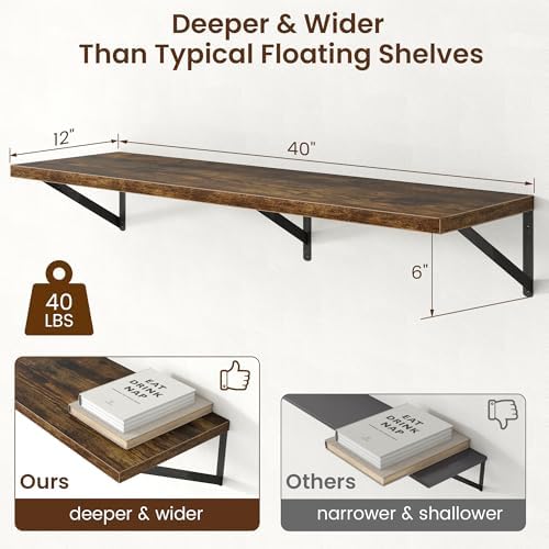 Deep Floating Shelves - 40 Inch Floating Shelves Set of 2-12 Inch Deep Brown Wood Wall Shelves for Living Room Bathroom Kitchen