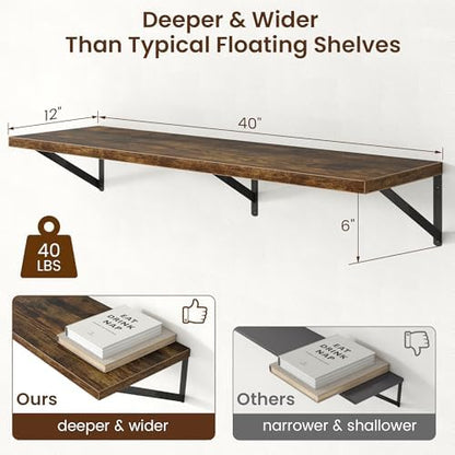 Deep Floating Shelves - 40 Inch Floating Shelves Set of 2-12 Inch Deep Brown Wood Wall Shelves for Living Room Bathroom Kitchen