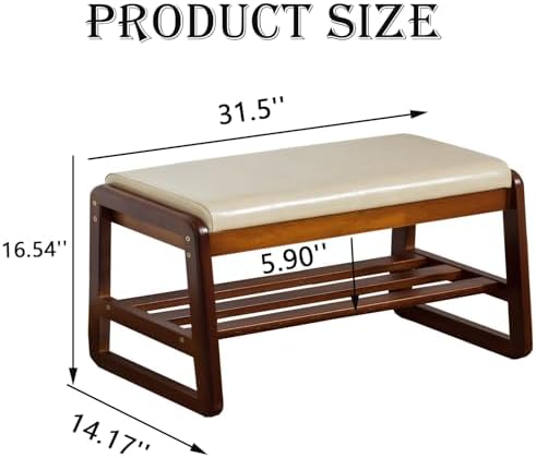 latifolia Solid Wood Bench, Entryway Shoe Bench with Cushion, 2 Tier Shoe Storage Organizer for Hallway, Living Room(Grey,31.50''L)