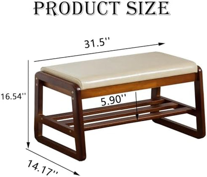 latifolia Solid Wood Bench, Entryway Shoe Bench with Cushion, 2 Tier Shoe Storage Organizer for Hallway, Living Room(Grey,31.50''L)