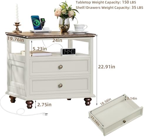 Joaxswe Farmhouse Nightstand with Charging Station, 24" Wide End Table with 2 Drawers,White Wood Dresser for Bedroom, Bed Side Table Chest of Drawers Cabinet,Night Stand for Living Room, Closet
