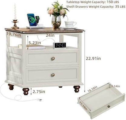 Joaxswe Farmhouse Nightstand with Charging Station, 24" Wide End Table with 2 Drawers,White Wood Dresser for Bedroom, Bed Side Table Chest of Drawers Cabinet,Night Stand for Living Room, Closet
