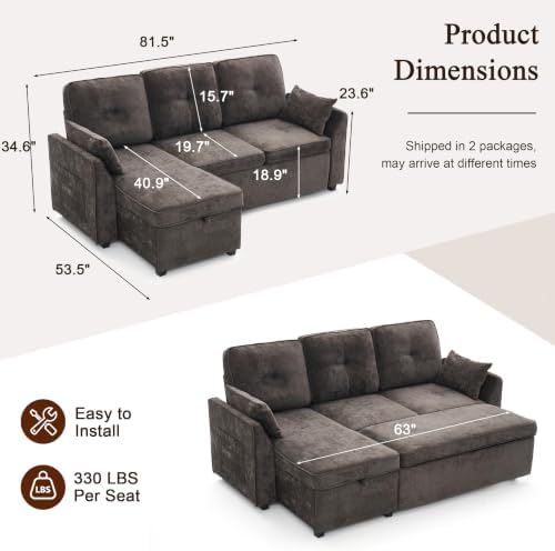 Convertible Sleeper Sofa Bed with Storage, L Shaped Couch with Pull Out Bed