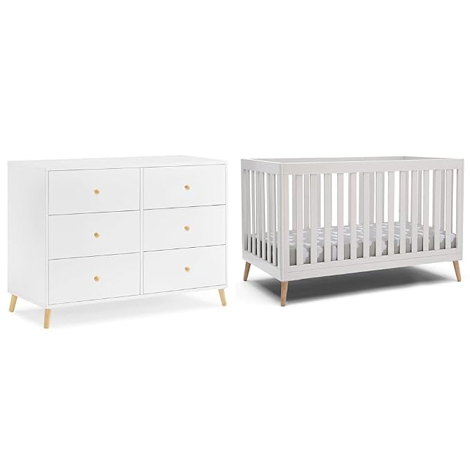 Delta Children Essex 6 Drawer Dresser and 4-in-1 Convertible Crib, Bianca White/Natural