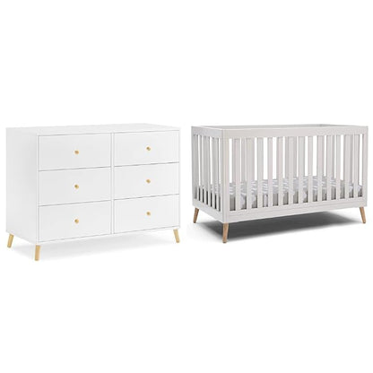 Delta Children Essex 6 Drawer Dresser and 4-in-1 Convertible Crib, Bianca White/Natural