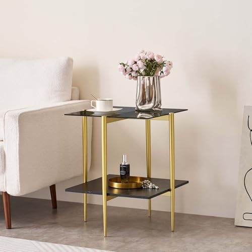 Square Glass End Table, Mid-Century Modern Side Table for Living Room, L18xW18xH23inch, Grey Glass and White Marble MDF Wood, Gold Finish Frame