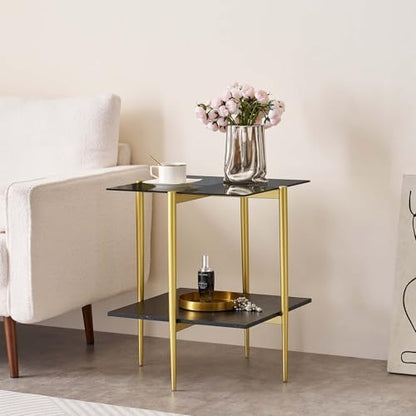 Square Glass End Table, Mid-Century Modern Side Table for Living Room, L18xW18xH23inch, Grey Glass and White Marble MDF Wood, Gold Finish Frame
