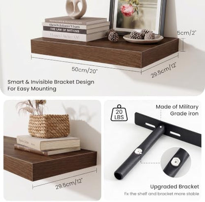 Wood Floating Shelves 20 Inch, 12 Inch Deep Shelves Wall Mount, Wall Shelves with Invisible Bracket, 20" Floating Shelves for Living Room Bathroom Bedroom, Walnut, Set of 3