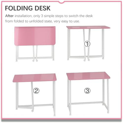 4NM 31.5" Mobile Small Folding Desk, Foldable Rolling Computer Home Office Desk, Study Writing Table for Small Space Saving Bedroom, with Wheels - Pink and White