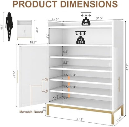 DreamDashio Shoe Cabinet with Adjustable Shelves & Doors, 7-Tier Farmhouse Shoe Storage Cabinet with Golden Metal Legs, 47.2'' Tall Shoes Rack Organizer Cabinet with Open Storage for Entryway, Hallway