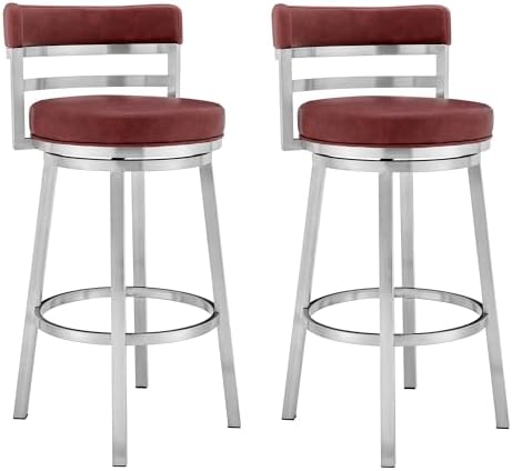 Armen Living Madrid 26" Seat Height Swivel Modern Red Faux Leather and Brushed Stainless Steel Bar Stool for Kitchen Island Counter, Set of 2