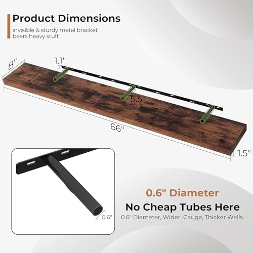 66 Inch Fireplace Mantel Shelf with Invisible Bracket, 8 Inch Deep Floating Shelf for Living Room, Kitchen, Farmhouse, Brown (2-Pack)