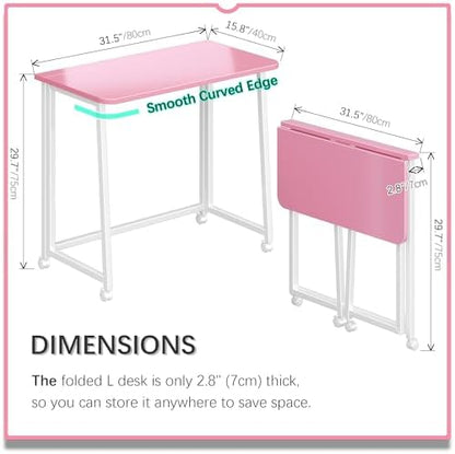4NM 31.5" Mobile Small Folding Desk, Foldable Rolling Computer Home Office Desk, Study Writing Table for Small Space Saving Bedroom, with Wheels - Pink and White