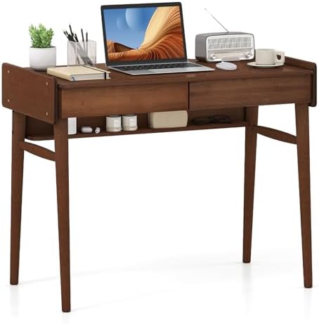 GIANTEX Mid Century Modern Desk, 39.5" Bamboo Computer Desk with 2 Drawers and Open Storage Shelf, Makeup Vanity Table, Wood Computer Workstation, Vintage Writing Desk for Bedroom, Walnut