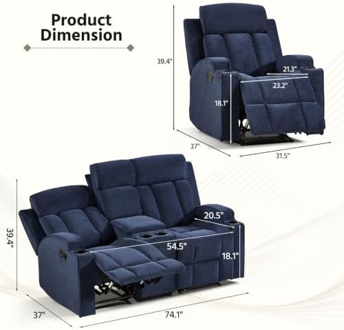 HAOMARKETS 2-Piece Manual Recliner Sofa Set, Included Single Recliner Chair and Loveseat Couch with Hidden Storage, Overstuffed Fabric Reclining Couches with Cup Holders for Living Room, Blue
