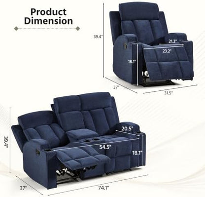 HAOMARKETS 2-Piece Manual Recliner Sofa Set, Included Single Recliner Chair and Loveseat Couch with Hidden Storage, Overstuffed Fabric Reclining Couches with Cup Holders for Living Room, Blue