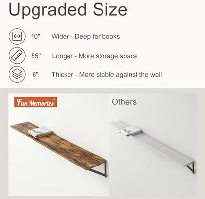 Floating Shelves 55 Inch Long, 10" Deep Floating Shelves, Wall Shelves 55 x 10, Set of 2, Wide Large Display Storage Shelves for Bathroom, Living Room, Rustic Wood Shelves with Brackets, Rustic Brown