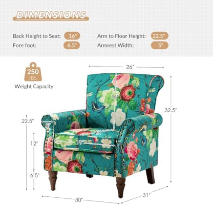 HULALA HOME Traditional Floral Accent Chair with Solid Wood Legs, Blue