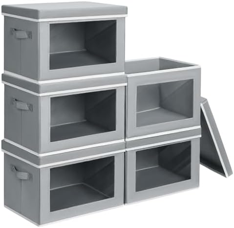 Stackable Storage Bins with Lids - Medium Storage Box with Lids, Foldable Closet Boxes for Organizing, Wardrobe Clothes Organizer with Window, Cubes Bins for Living Room, 5 Pack, Grey