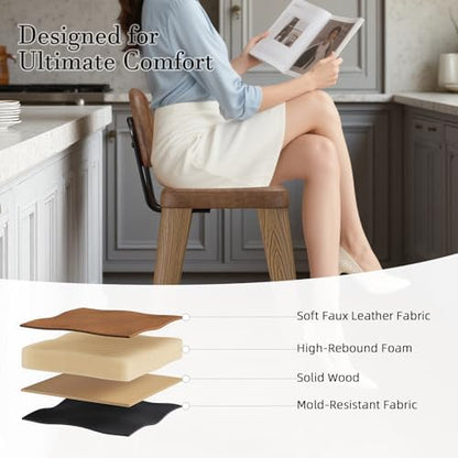 26 Inch Metal Bar stools Set of 4, Upholstered Counter Height Bar Stools with Removable Back & Metal Legs, Industrial Barstools for Kitchen Island, Cafe (Camel Seat, Wood-Grain Legs)