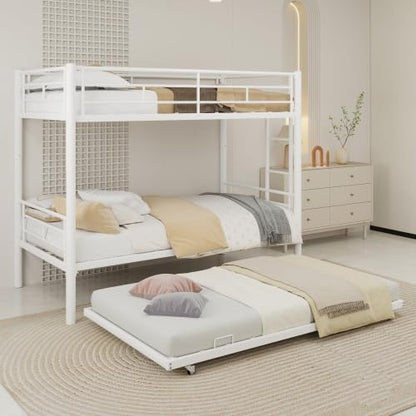 SDHYL Twin Over Twin Bunk Bed with Trundle, Heavy Duty Metal Bunk Beds Frame with Safety Guardrail & Ladder, Noise Reduced, No Box Spring Needed, Space-Saving, White