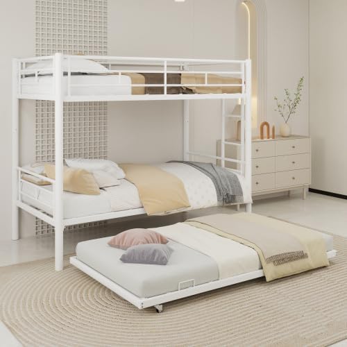SDHYL Twin Over Twin Bunk Bed with Trundle, Heavy Duty Metal Bunk Beds Frame with Safety Guardrail & Ladder, Noise Reduced, No Box Spring Needed, Space-Saving, White
