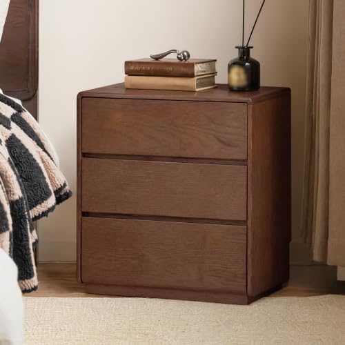 Solid Wood 3-Drawer Nightstand for Bedroom, Oak Wood