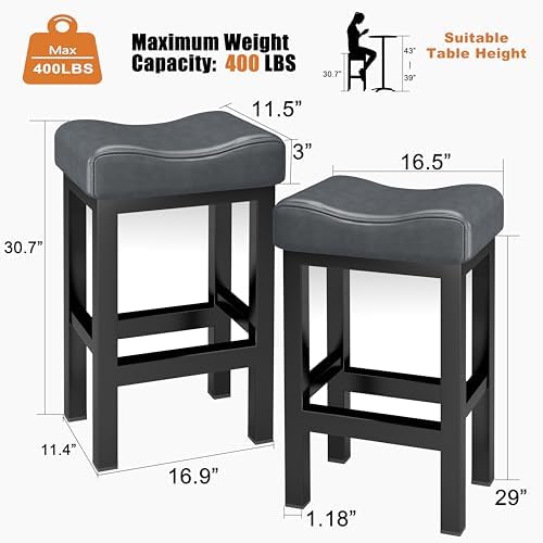 Bar Stools Set of 2, 30 Inch Counter Height BarStools for Kitchen Island, Faux Leather Thick Saddle Seats & Heavy Duty Metal Base, Easy Assembly (Gray,30 inch)