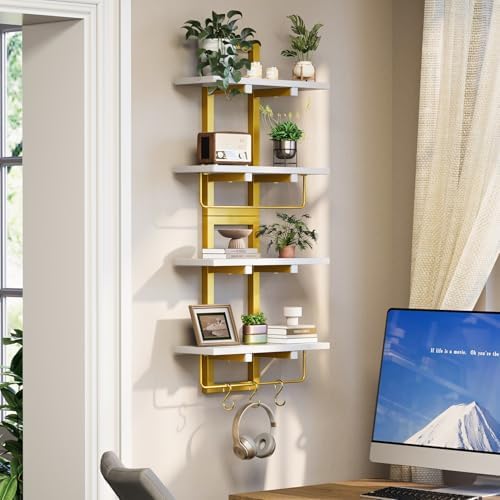 Wood Floating Shelf with 6 Hooks, 15" Bathroom Shelves Set of 2