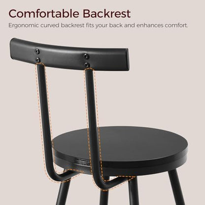 MAHANCRIS Bar Stools, Set of 2 Bar Chairs with Backrest and Footrest, 26" Tall Counter Stools, Metal Frame, Adjustable Feet, Easy Assembly, for Kitchen, Living Room, Pub, Black BAHB6001