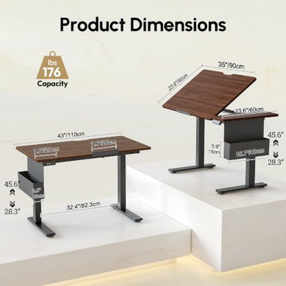 TIQLAB Electric Drafting Table 60° Tilt Drawing Desk With Storage, 43*23.6"