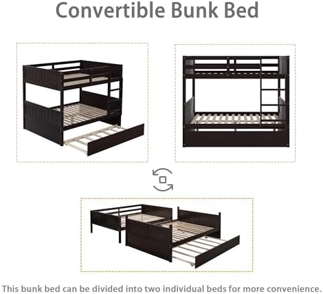 Merax Trundle Bunk Bed, Full Over Full Wood Bunk Bed with Twin Size Trundle, Guardrail and Ladder, Can be Separated into 2 Beds, Espresso