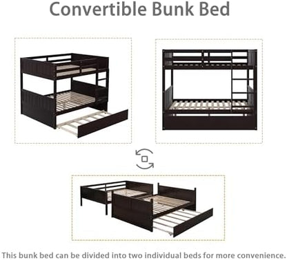 Merax Trundle Bunk Bed, Full Over Full Wood Bunk Bed with Twin Size Trundle, Guardrail and Ladder, Can be Separated into 2 Beds, Espresso