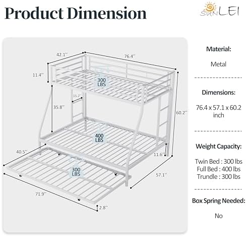 Metal Bunk Beds with Double Secured Ladders, Twin Over Full Bunk Bed with Surrounded Safety Guardrails, Space Saver Twin Beds, Noise Free for Small Bedroom, with Trundle, White
