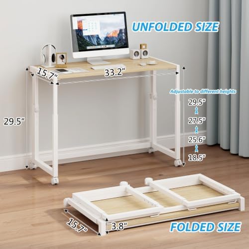 JSB 33.2" Folding Adjustable Desk for Small Spaces,Mobile Portable Rolling Laptop PC Table on Wheels,Foldable Computer Desk for Home Office,Bedroom,Space Saving，White：33.2 Inches