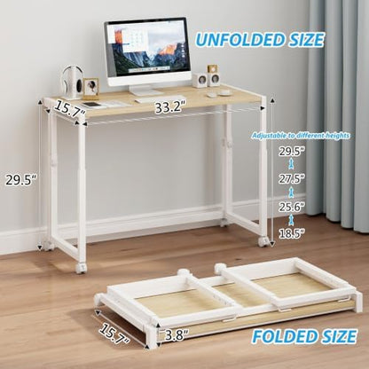 JSB 33.2" Folding Adjustable Desk for Small Spaces,Mobile Portable Rolling Laptop PC Table on Wheels,Foldable Computer Desk for Home Office,Bedroom,Space Saving，White：33.2 Inches