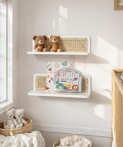 White Rattan Wall Shelf, Boho Floating Shelves, 16 Inch