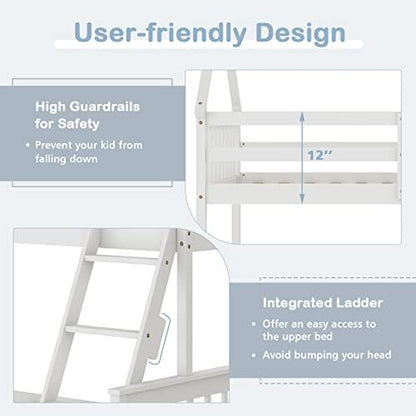 GIANTEX Wood Twin Over Full Bunk Bed, Solid Wood House Bed Frame Built in Ladder & Safety Guardrails, Convertible to 2 Beds, Floor Bunk Bed for Kids Teens Juniors, No Box Spring Needed, White