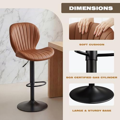 Bar Stools Set of 4, Modern Swivel Adjustable Bar Chairs, Faux Leather Upholstered Counter Height Bar Stools with Backrest, Comfort Barstools for Kitchen Island, Home Bar, Brown