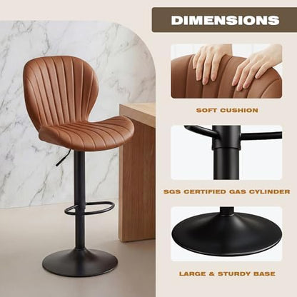 Bar Stools Set of 4, Modern Swivel Adjustable Bar Chairs, Faux Leather Upholstered Counter Height Bar Stools with Backrest, Comfort Barstools for Kitchen Island, Home Bar, Brown
