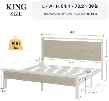 Allewie King Size Bed Frame, Heavy Duty 12 Metal Slats Support, White