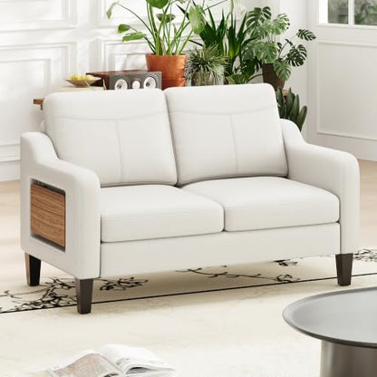 MALOL 51" Leather Loveseat Sofa with Foldable Side Table, Beige