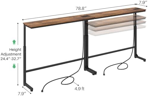 Kitstorack Narrow Sofa Table with Charging Station, 78.8" Behind Couch Table, Adjustable 24.4"-32.7" Height, Modular 2-piece Design for sectionals, entryways, Apartments, and Narrow Living Spaces
