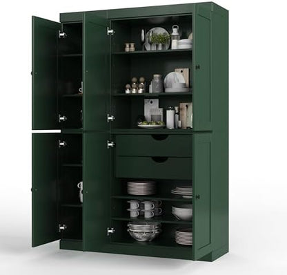Palace Imports Solid Wood Kitchen Pantry Cabinet 71.5" Tall, 48.5" Wide – Storage Cabinet w/ 6 Shaker Doors, 2 Drawers & 8 Adjustable Shelves – Green, Renewable Eco-Friendly 100% Wood, Made in Brazil