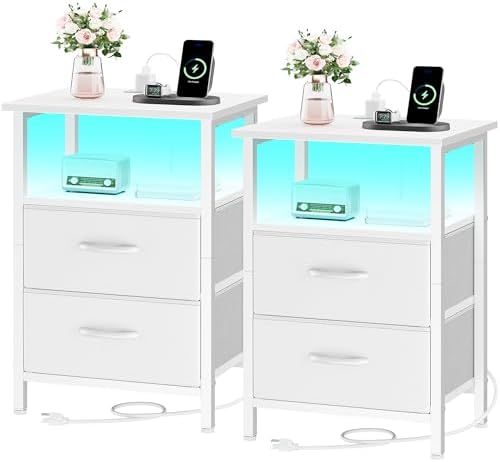 Vagusicc Nightstand Set of 2 with Charging Station, Bed side tables bedroom set of 2 with LED Lights, White Night Stands with 2 Fabric Drawers, 24.2" Tall Bedside Tables with Storage Shelf for Bedroom