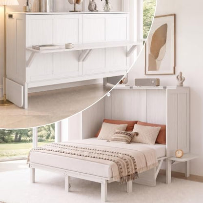 Mjkone Queen Murphy Bed with Desk and Mattress, White