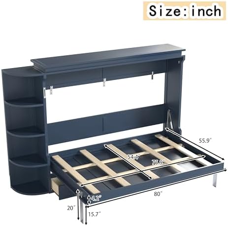 Full Size Horizontal Cabinet Murphy Bed with Side Cabinets, Blue